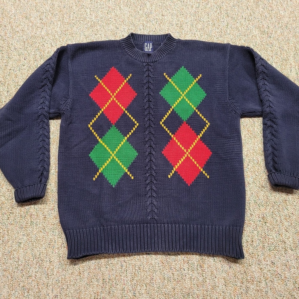 Gap Sweater Men Large Blue Argyle Braided Heavy Knit Cabin Hiking Camping Skiing
